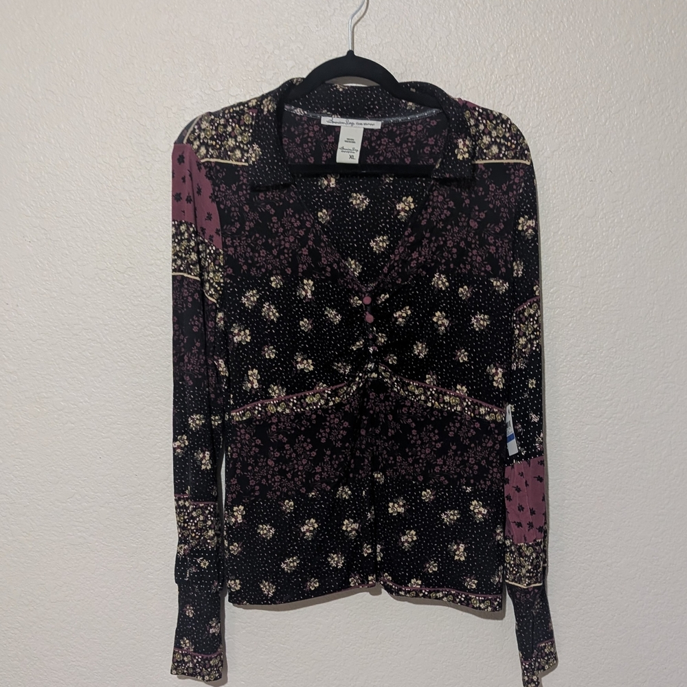 American Rag Floral Patchwork Blouse Black Purple Y2K Whimsigoth Cottagecore L